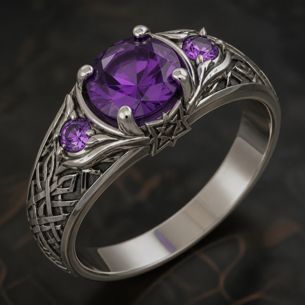 A scandinavian women's ring made of silver with amethyst stones suitable for engagement. стихия огня .с кандинавскими рунами
photorealistic jewelry design, A scandinavian women's ring made of silver with amethyst stones suitable for engagement. стихия огня .с кандинавскими рунами, scandinavian style, just the design no text
