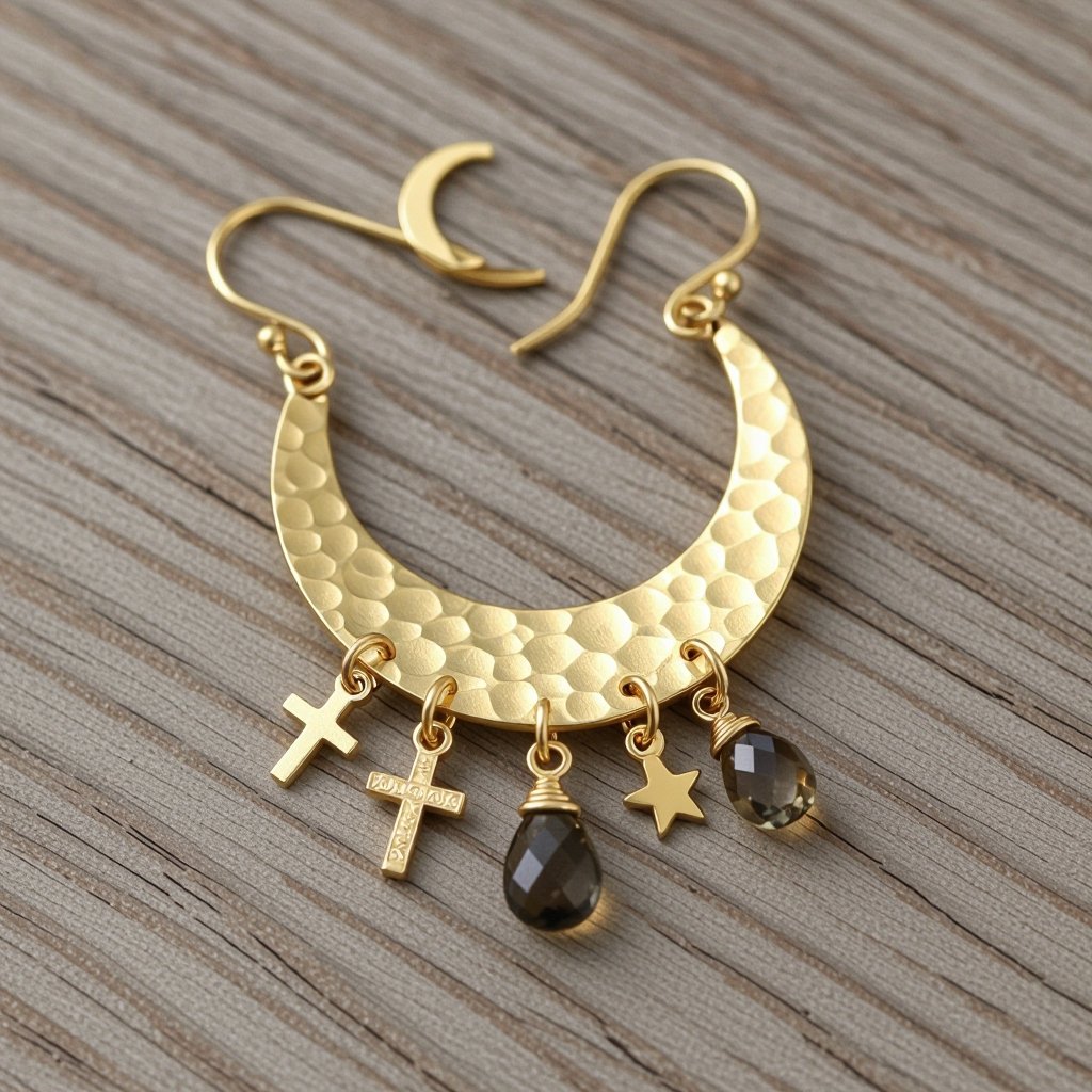 Золотые серьги словно мятое золото в форме узкого изящного полумесяца. Верхушка полумесяца крепится к застежке серьги. К нижней части полумесяца крепятся три подвески: миниатюрный золотой египетриский крест, очень маленький кристалл раухтопаза и маленькая золотая звездочка