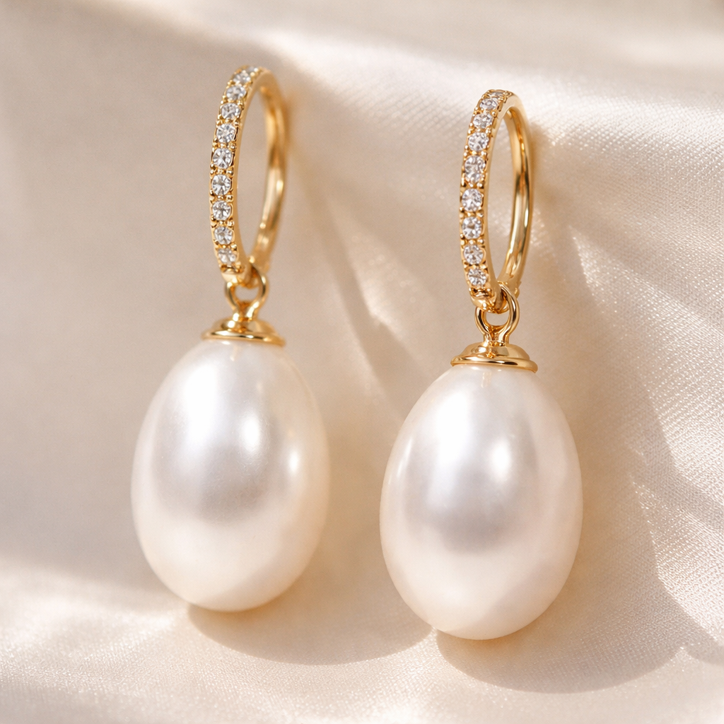 Gold oval pearl drop earrings with pavé diamonds, everyday wear
