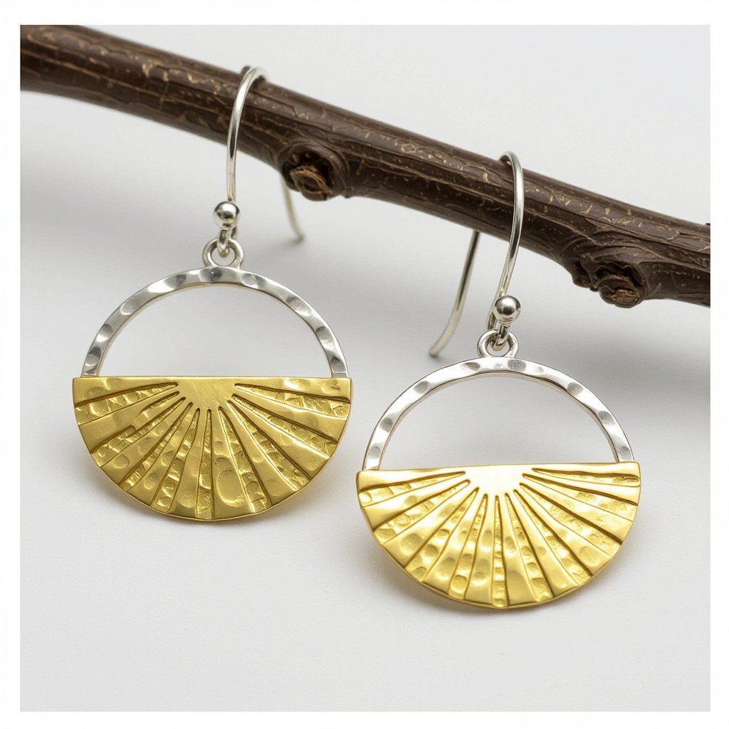 Золотые серьги полукруг половинка горящего солнца мятое неровное золото лучи волнистые другая половинка круга серебряная 