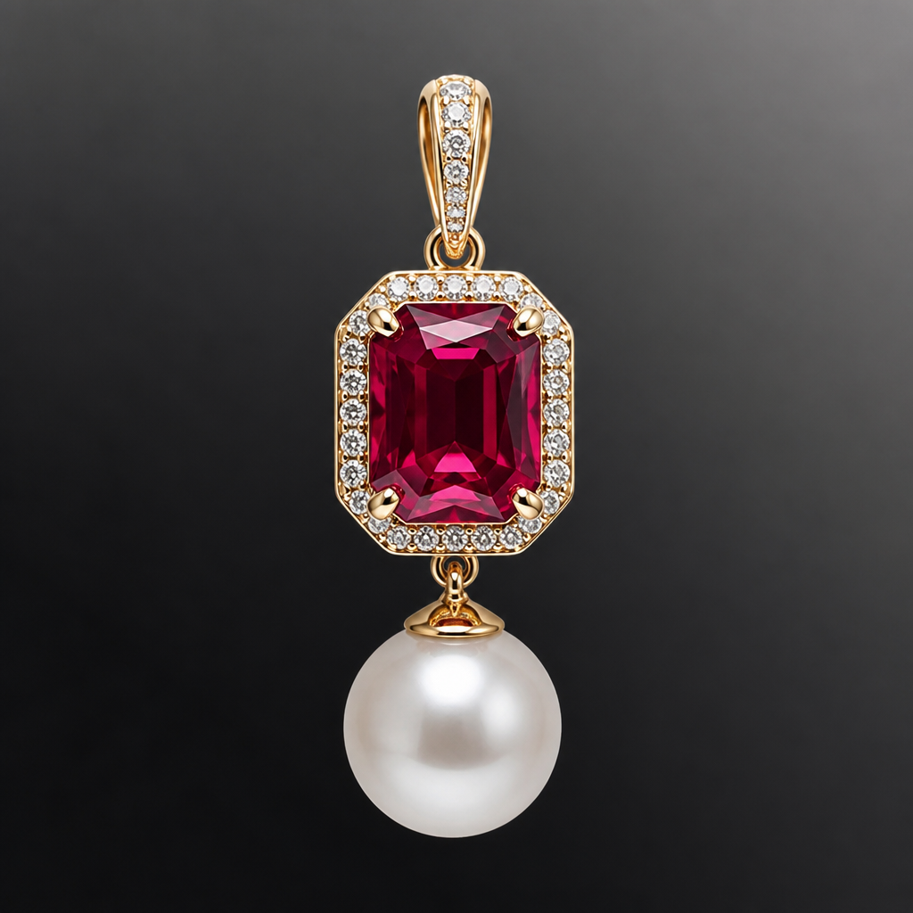 A women's pendant with ruby stones. класический премиум класса подвеска с Рубином октагон длина 9 а ширина 7 мм, с морским жемгом диаметр 10
photorealistic jewelry design, A women's pendant with ruby stones. класический премиум класса подвеска с Рубином октагон длина 9 а ширина 7 мм, с морским жемгом диаметр 10, modern style, just the design no text