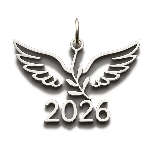 Slim silver cut-out charm only with  two spread out bird wings, an olive branch and  along year 2026