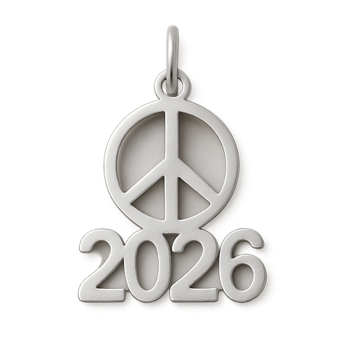 Silver minimal abstract cut-out charm combining the peace symbol and year 2026