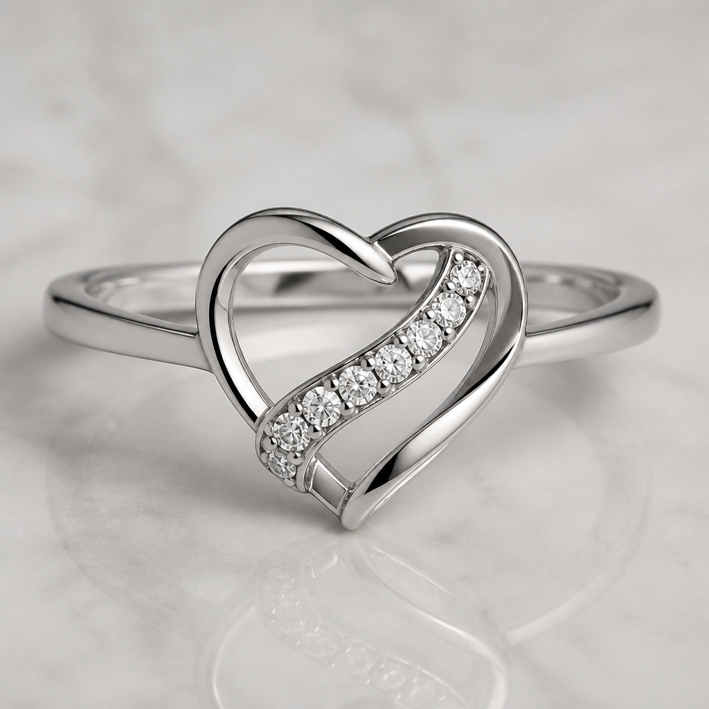 A women's ring made of silver with diamond stones. Coeur avec une ligne qui est dans le milieu du coeur avec des diamant, métal mince et coeur torsadé
photorealistic jewelry design, A women's ring made of silver with diamond stones. Coeur avec une ligne qui est dans le milieu du coeur avec des diamant, métal mince et coeur torsadé, modern style, just the design no text