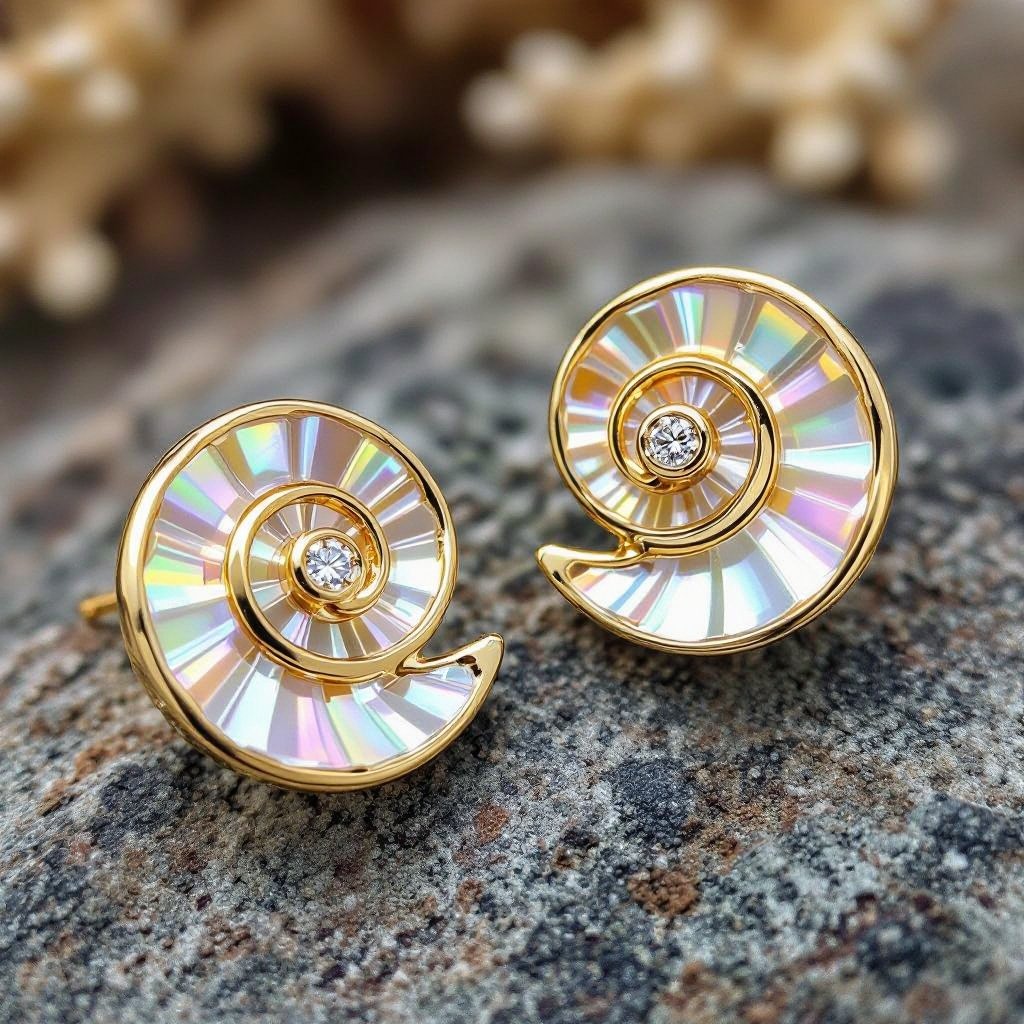 Золотые серьги в виде золотой спиральной ракушки украшенной тремя маленькими камнями 