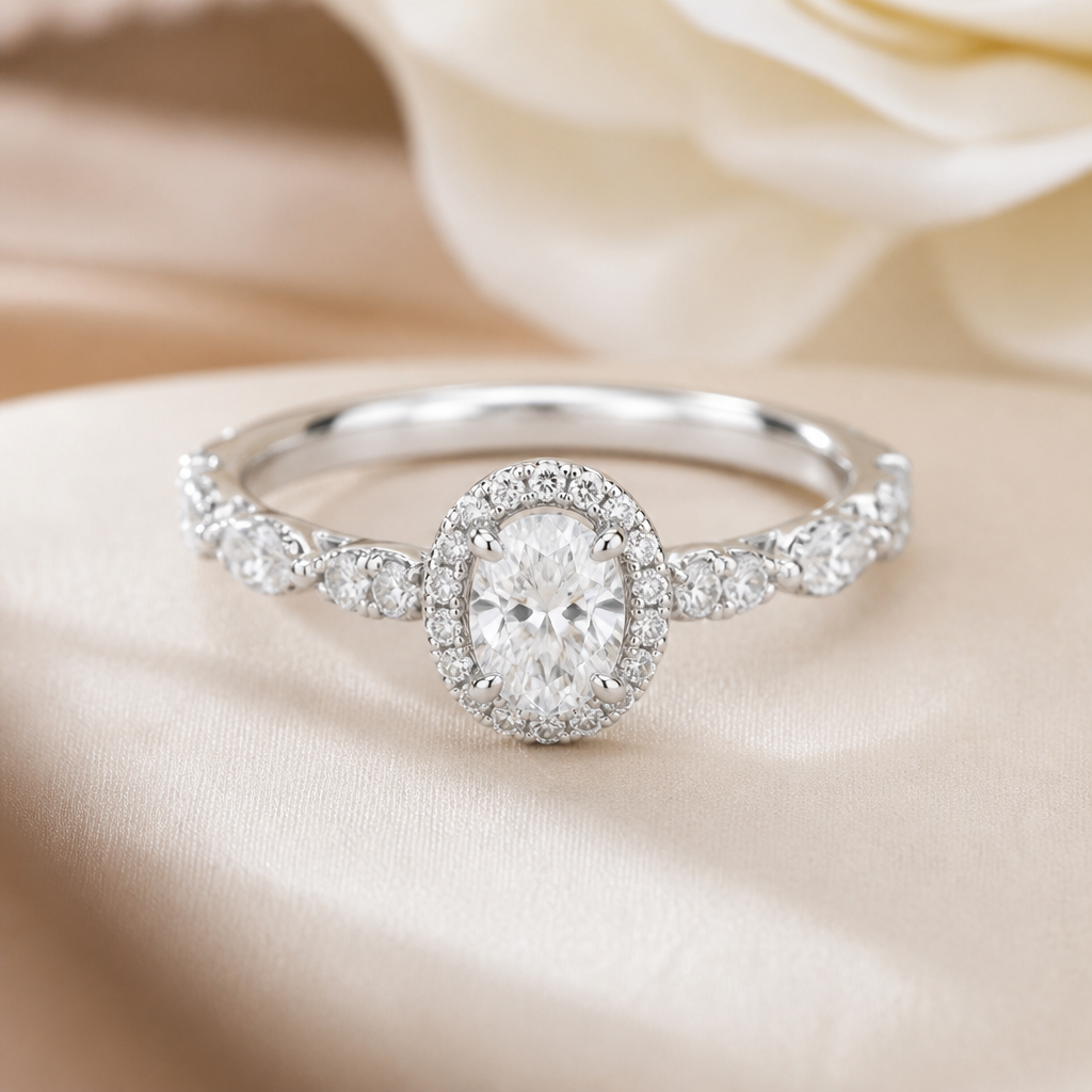 A luxury women's ring made of white gold with diamond stones suitable for wedding. A 0.70-carat oval diamond is used as the center stone.
photorealistic jewelry design, A luxury women's ring made of white gold with diamond stones suitable for wedding. A 0.70-carat oval diamond is used as the center stone., luxury style, just the design no text