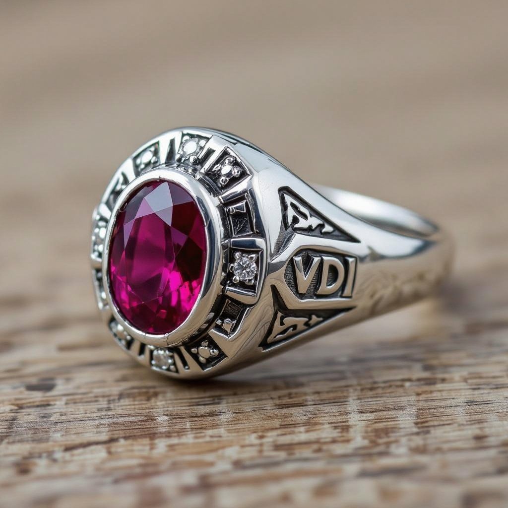 Red stone, silver, college class ring for women, VDI inscribed on the decor and under the stone