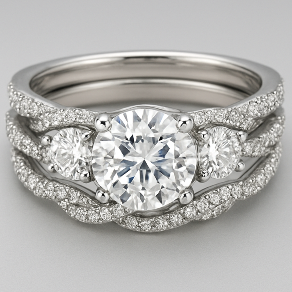 Elegant 4 carat tw 3 stone engagement ring with twisted pave band with matching wedding band