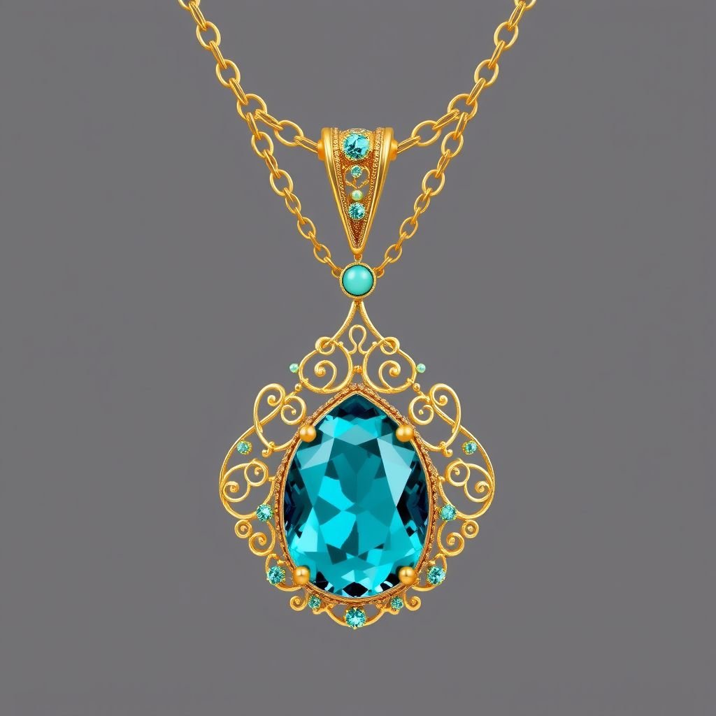 A 20 carat pendant necklace with VVS Nanette-cut turquoise sapphire gemstones and gold chain 
