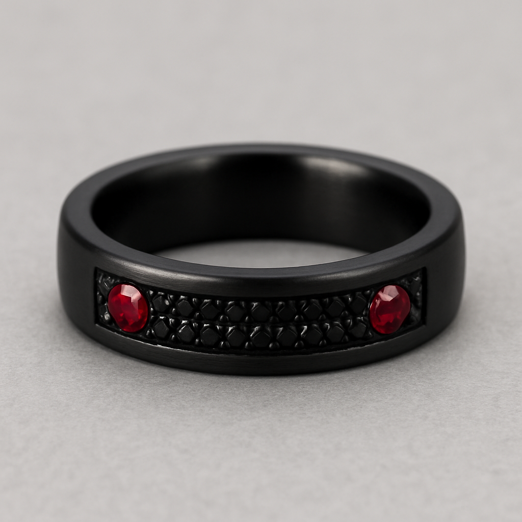 Men’s wedding band black with black stones and 2 rubies 