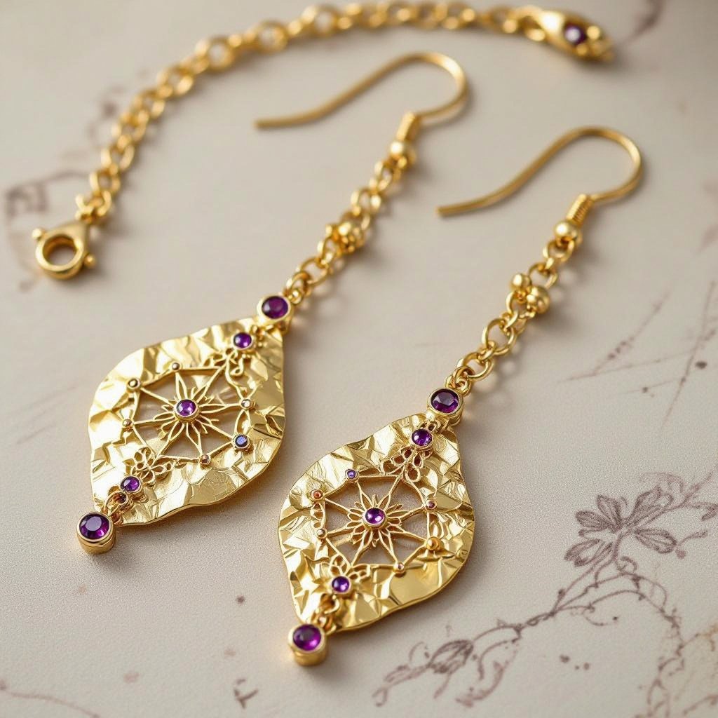 Серьги длинные на цепочках матовое золото мятое. Символ схематично созвездие. Маленькие фиолетовые камушки