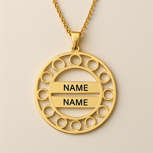 A pendant with an authentic Iranian design, with a place in the middle for writing two names and nine places around it for writing nine names. This is a keepsake that should be modern while being Iranian. Please make it all gold and without stones or jewelry.