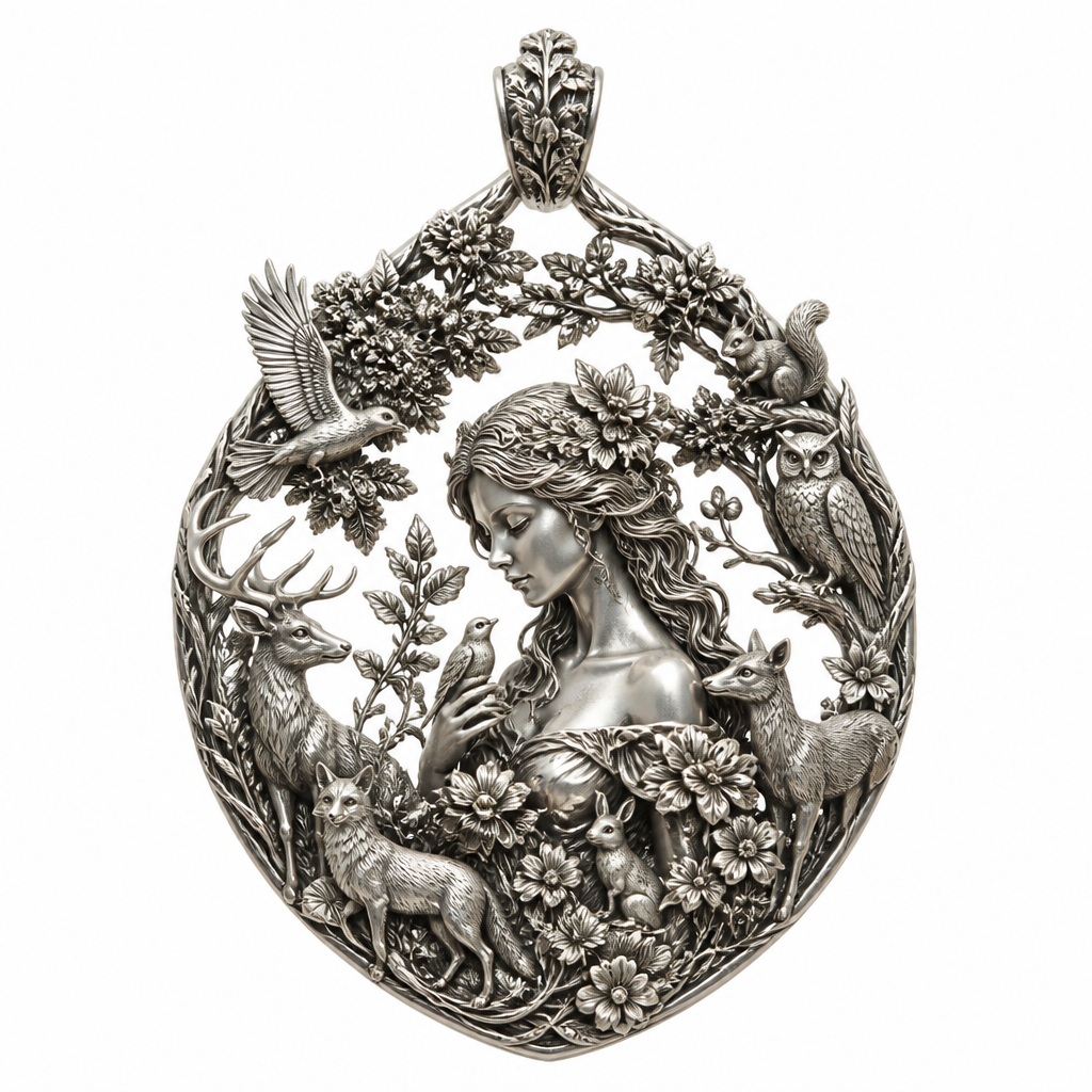 A vintage women's pendant made of silver suitable for festival. An extraordinary excellent beautiful and delicate, super modern pendant with all the elements of nature, with all the animals, with all the plants and with all the flowers of the forest of the mountains, without stones, without background only the pendant, all the animals, plants, trees, flowers, women to be like statues.
photorealistic jewelry design, A vintage women's pendant made of silver suitable for festival. An extraordinary excellent beautiful and delicate, super modern pendant with all the elements of nature, with all the animals, with all the plants and with all the flowers of the forest of the mountains, without stones, without background only the pendant, all the animals, plants, trees, flowers, women to be like statues., vintage style, just the design no text