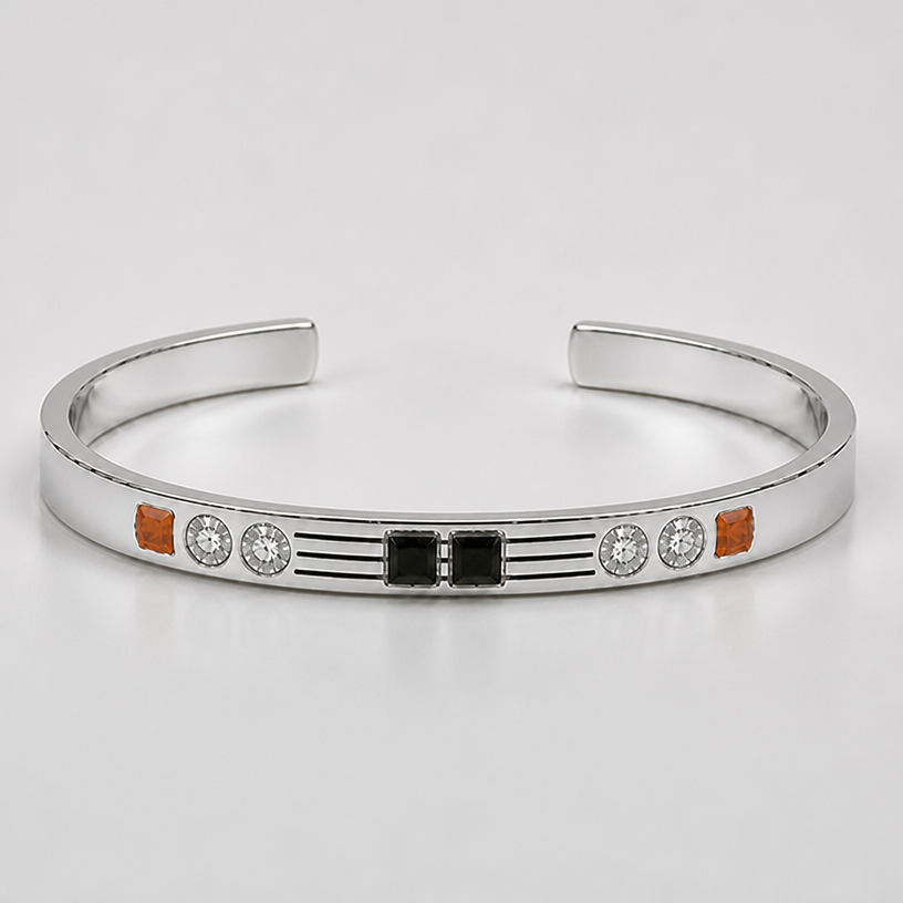 A women's bracelet made of silver. the orange shape are closer to the clear stones
using the attached image as a visual reference, create A women's bracelet made of silver. the orange shape are closer to the clear stones. photorealistic, just the design no text