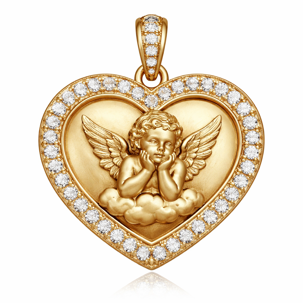 Gold heart pendant with guardian angel cherub on surface and Pavé diamond border around heart, gold bale
Gold heart pendant with guardian angel cherub on surface and Pavé diamond border around heart, gold bale, bespoke style