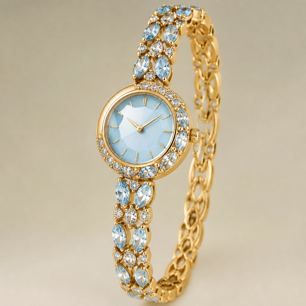 A modern women's watch made of gold with topaz stones suitable for daily wear, highly ornate, intricate and elaborate, richly detailed. delicado y sencillo
photorealistic jewelry design, A modern women's watch made of gold with topaz stones suitable for daily wear, highly ornate, intricate and elaborate, richly detailed. delicado y sencillo, modern style, just the design no text