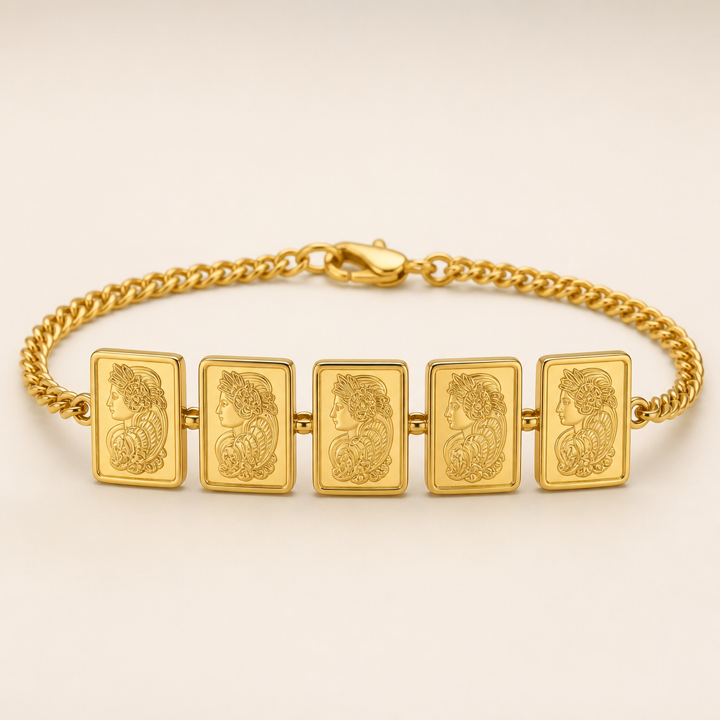 Create me a bracelet with five Pamp one gram gold bars are aligned next to each other
photorealistic jewelry design, Create me a bracelet with five Pamp one gram gold bars are aligned next to each other , classic style, just the design no text