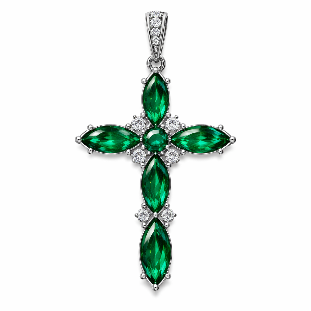 Marquise cut emerald white gold cross with a few diamonds accents