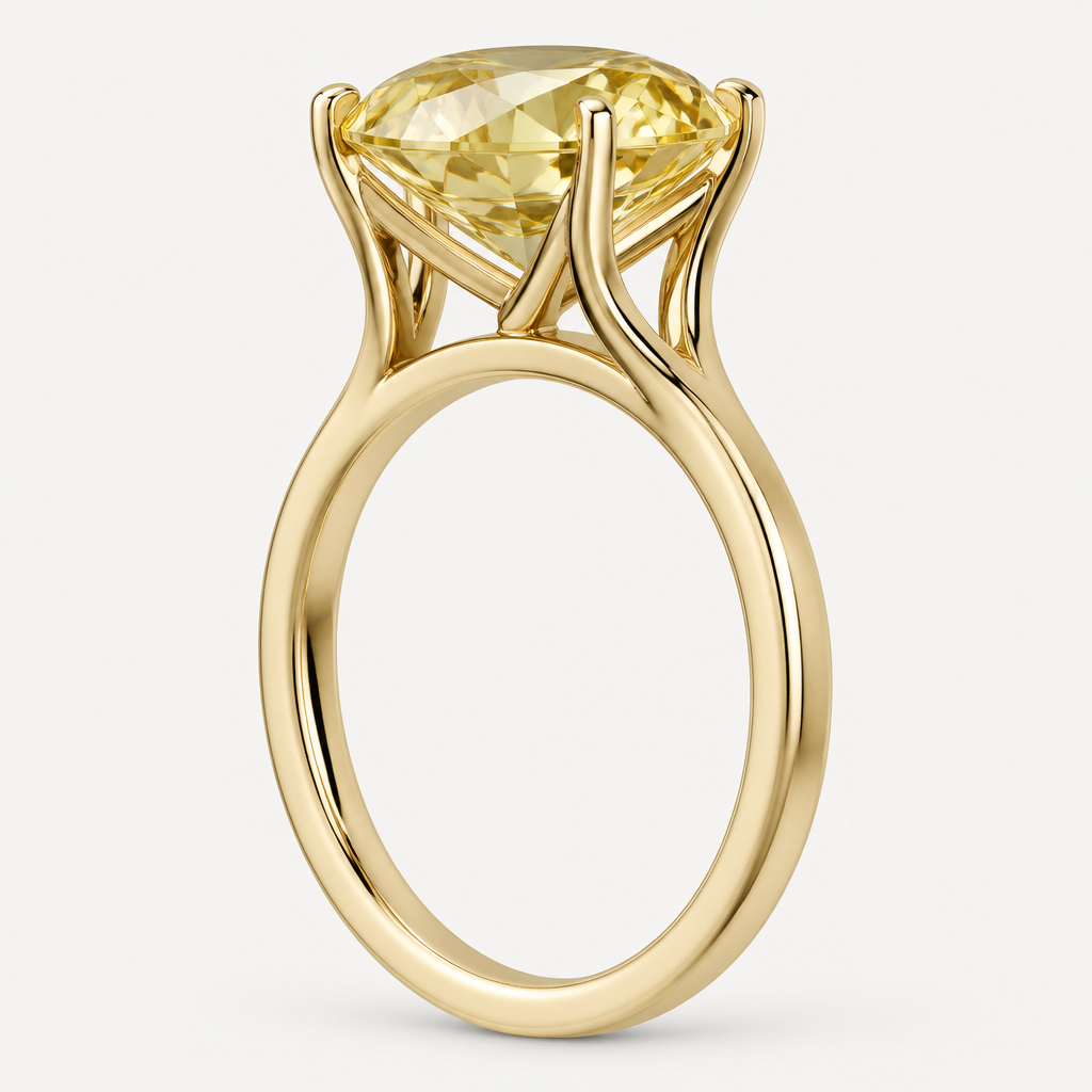 Show the side angle of a 3 ct yellow diamond engagement ring engagement ring on a 3mm yellow gold band with a cathedral setting
photorealistic jewelry design, Show the side angle of a 3 ct yellow diamond engagement ring engagement ring on a 3mm yellow gold band with a cathedral setting, classic style, just the design no text