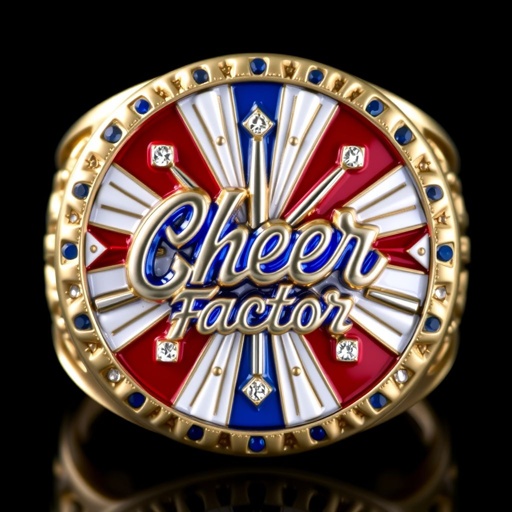 Red white and blue medal ring that says cheer factor