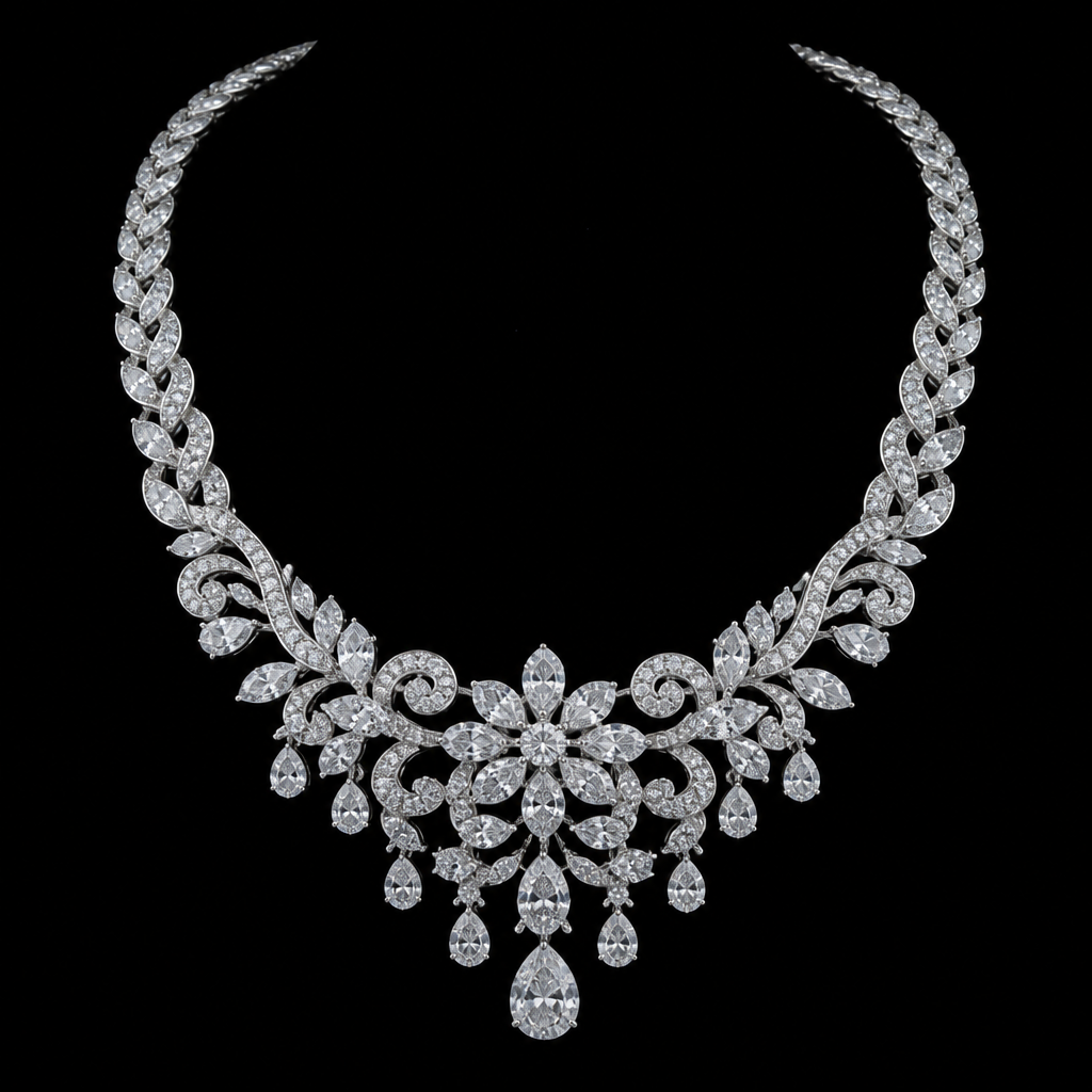 A luxury women's necklace made of platinum with diamond stones suitable for daily wear, highly ornate, intricate and elaborate, richly detailed. haceme una que diga tamo loco
photorealistic jewelry design, A luxury women's necklace made of platinum with diamond stones suitable for daily wear, highly ornate, intricate and elaborate, richly detailed. haceme una que diga tamo loco, luxury style, just the design no text