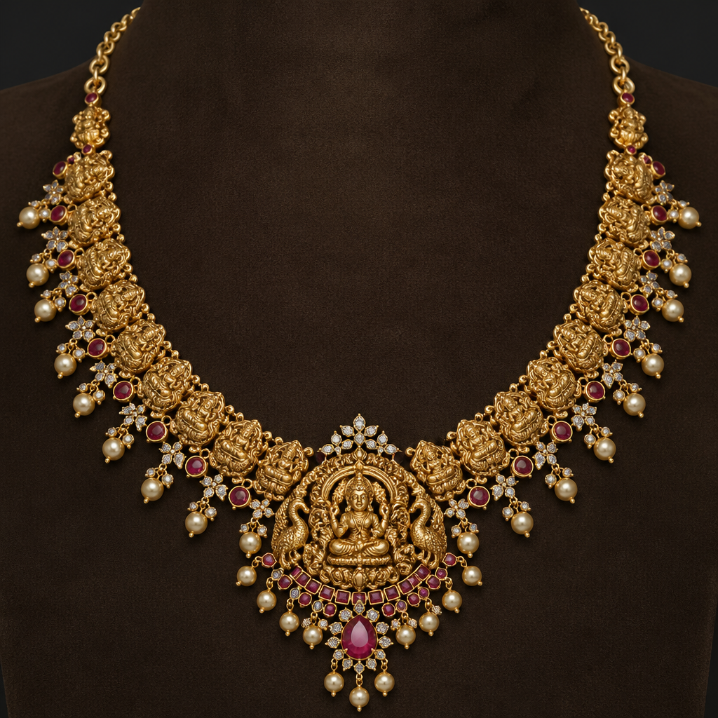 A luxury women's necklace made of gold with ruby and diamond stones. South Indian temple jewellery
photorealistic jewelry design, A luxury women's necklace made of gold with ruby and diamond stones. South Indian temple jewellery, luxury style, just the design no text