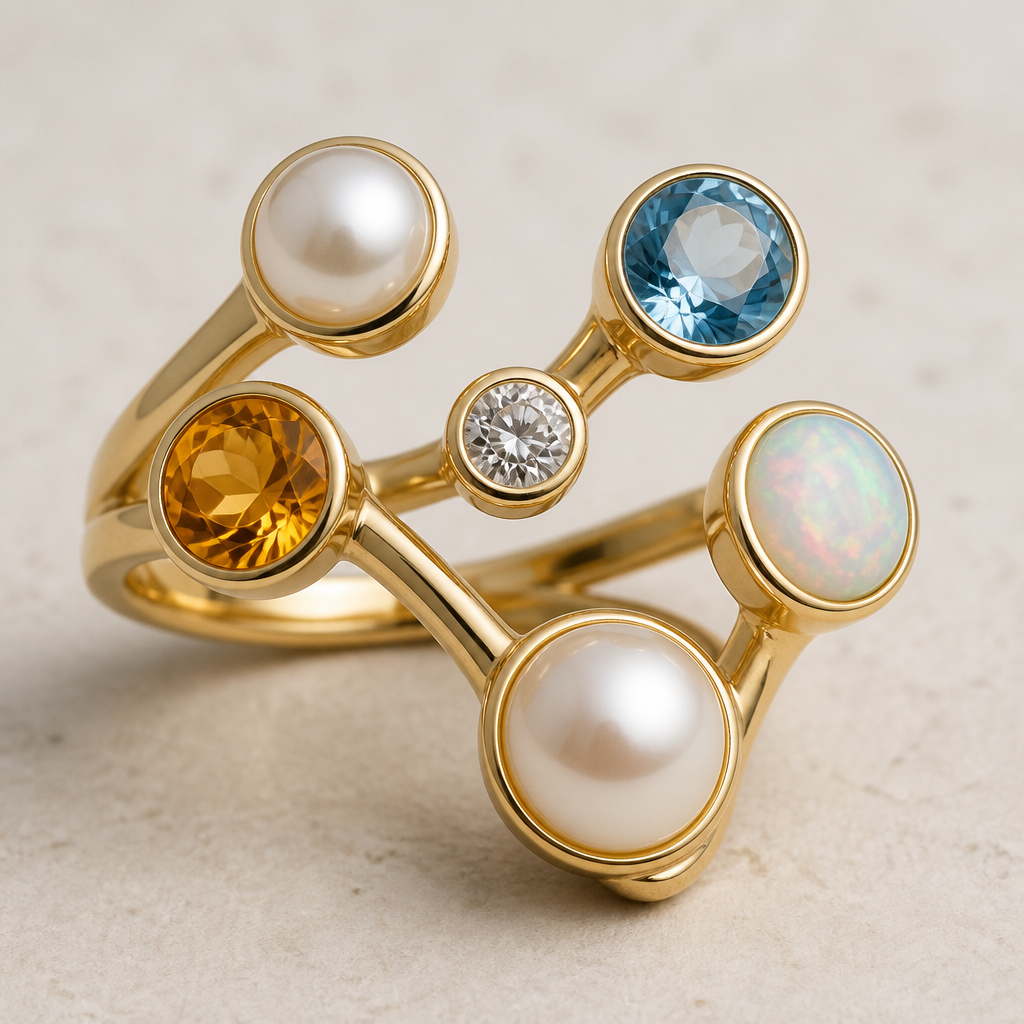 A women's ring. make a bezel set yellow gold ring with 2x pearls, one blue topaz, one citrine, one diamond and one opal. each stone must have its own arm of gold
photorealistic jewelry design, A women's ring. make a bezel set yellow gold ring with 2x pearls, one blue topaz, one citrine, one diamond and one opal. each stone must have its own arm of gold, modern style, just the design no text