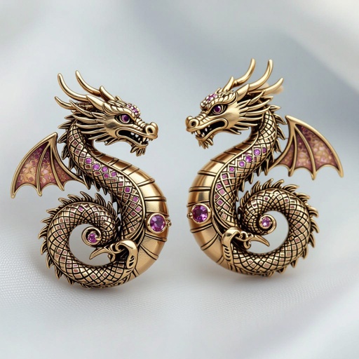 Золотые матовые серьги со схематическим изображением дракона узоры и камни мелкие раузтопаз