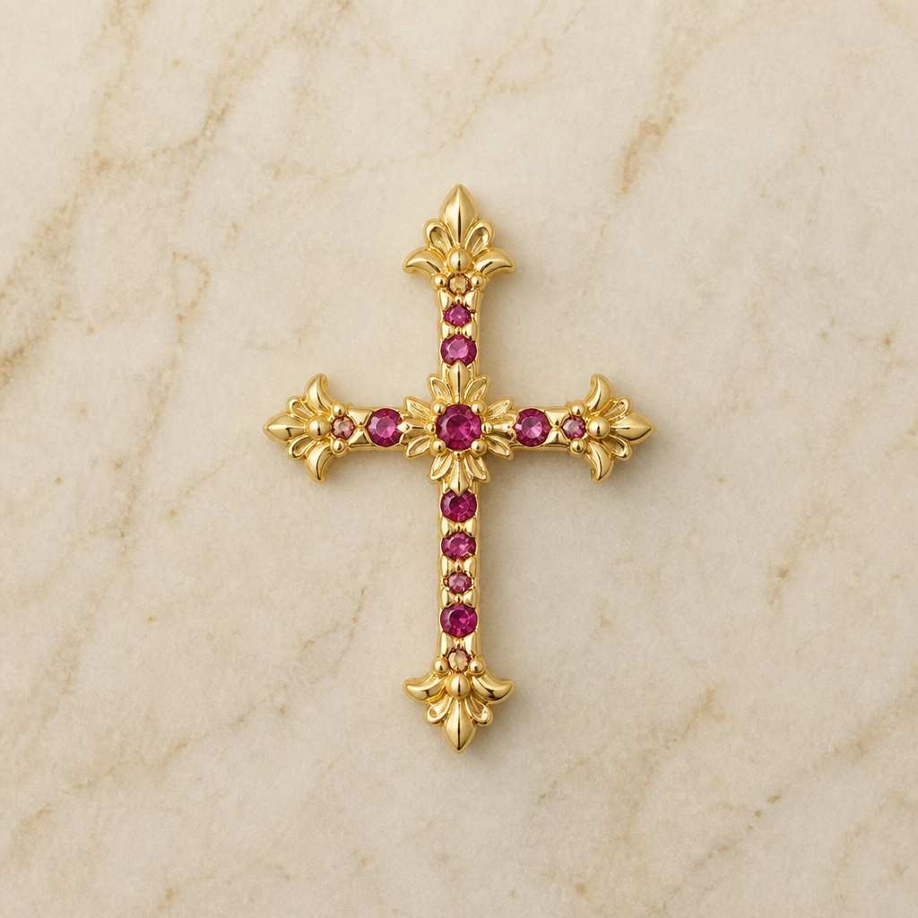 Dainty and feminine Gold cross with rubies, majority gold . Hidden bail
photorealistic jewelry design, Dainty and feminine Gold cross with rubies, majority gold . Hidden bail, bespoke style, just the design no text