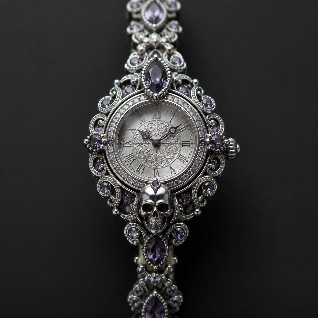 A victorian gothic women's watch made of platinum with amethyst and diamond stones. skull
photorealistic jewelry design, A victorian gothic women's watch made of platinum with amethyst and diamond stones. skull, victorian_gothic style, just the design no text