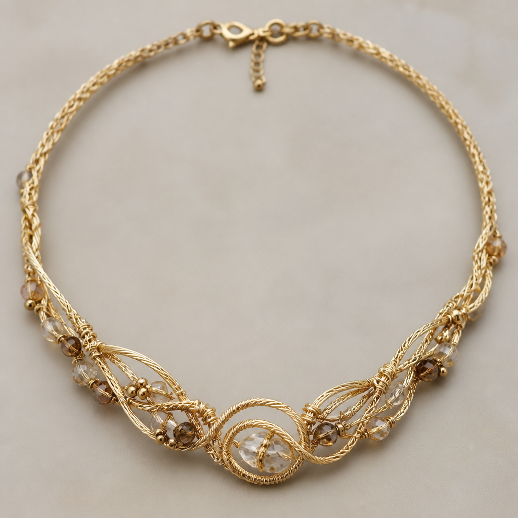 A women's necklace made of gold suitable for daily wear. a necklace made from wire, seed beads and crystal beads for wearing everyday. elegant yet makes a bold statement
photorealistic jewelry design, A women's necklace made of gold suitable for daily wear. a necklace made from wire, seed beads and crystal beads for wearing everyday. elegant yet makes a bold statement, modern style, just the design no text