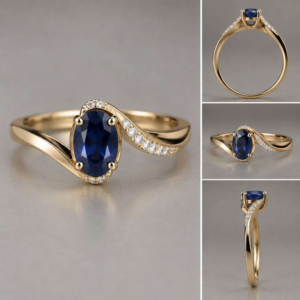A women's ring. tengo una piedra de Zafiro azul oval de 6 * 4 quiero diseñar un anillo de ahí ayúdame
photorealistic jewelry design, A women's ring. tengo una piedra de Zafiro azul oval de 6 * 4 quiero diseñar un anillo de ahí ayúdame, modern style, just the design no text