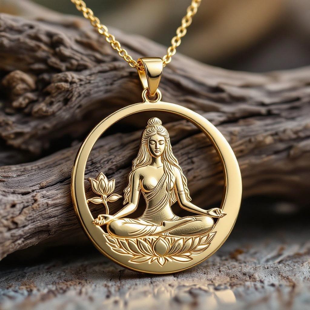 Золотой кулон в виде неровного круга в круге выгравирована женщина с длинными волосами в позе лотоса