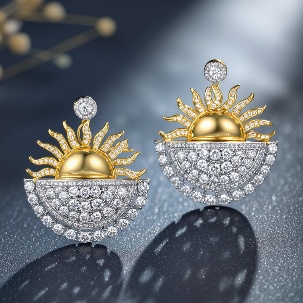 Золотые серьги полукруг половинка горящего солнца мятое неровное золото лучи волнистые другая половинка круга серебряная