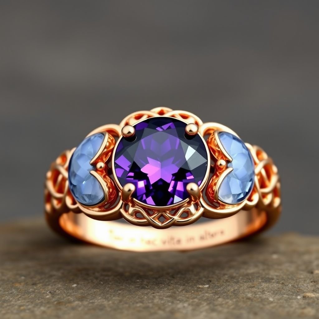 A simple, three stone 18 karat rose gold engagement ring set with a circular purple alexandrite. Also set with a small half moon cut blue chalcedony on one side right next to it, and a small half moon cut moonstone set on the other side right next to it. On the inside of the band, it has an inscription reading, “Tuum. Et in hac vita et in altera.”