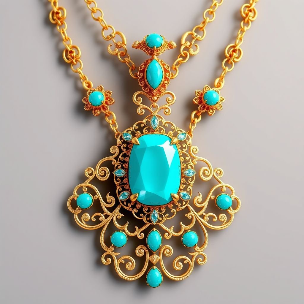 A 20 carat pendant necklace with VVS Nanette-cut turquoise gemstones and gold chain 