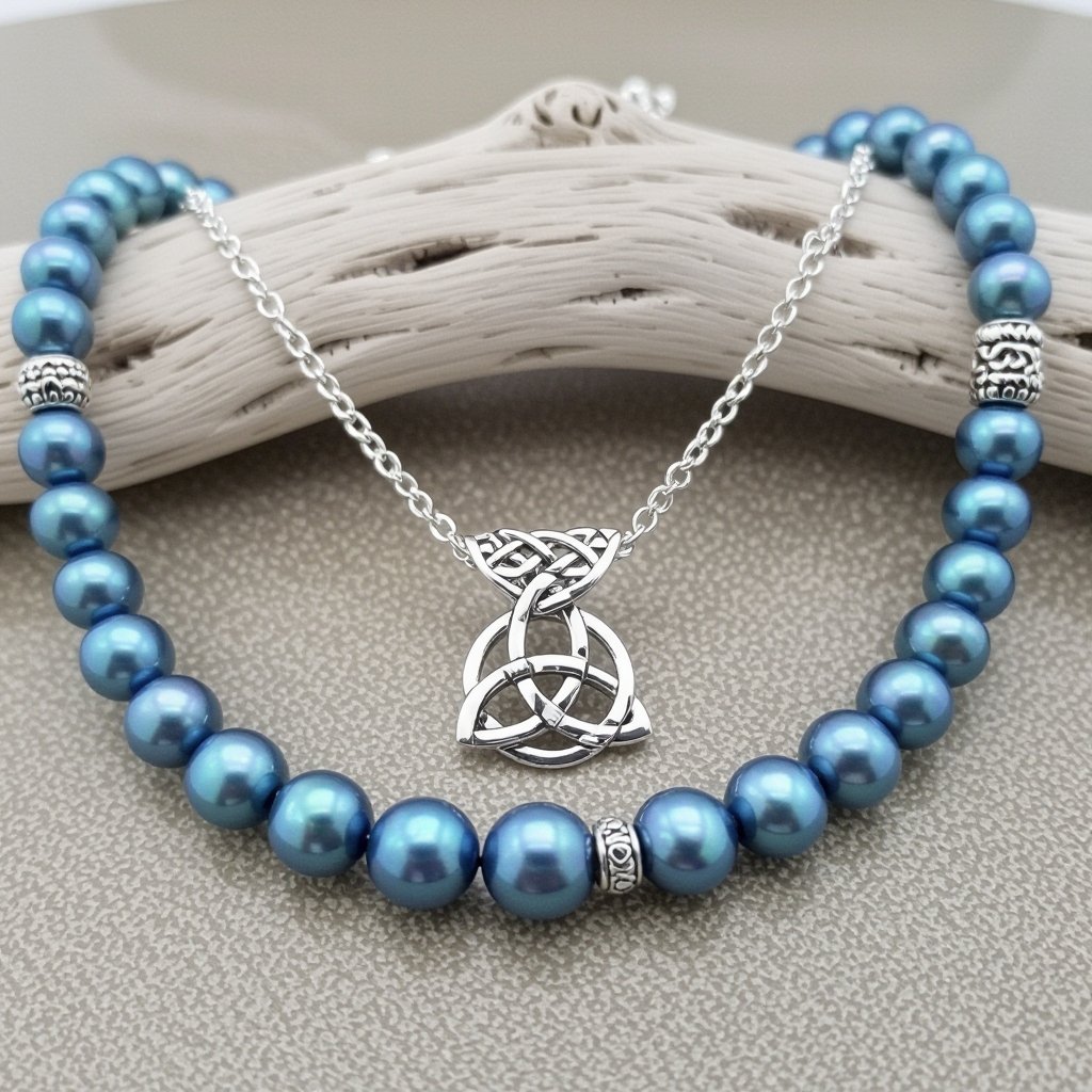 A freshwater blue sea Pearl Necklace with Celtic knots chains