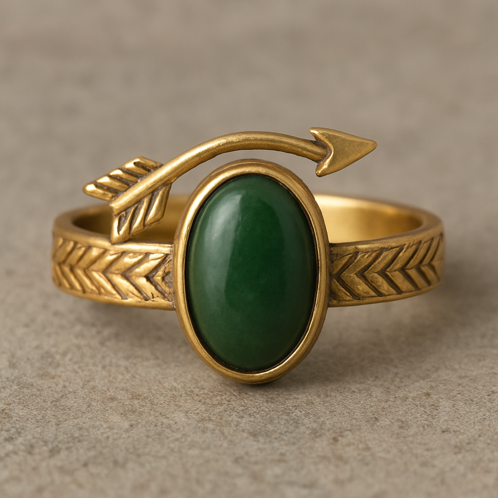Yellow gold herringbone pattern band with an arrow oval nephrite jade scented stone