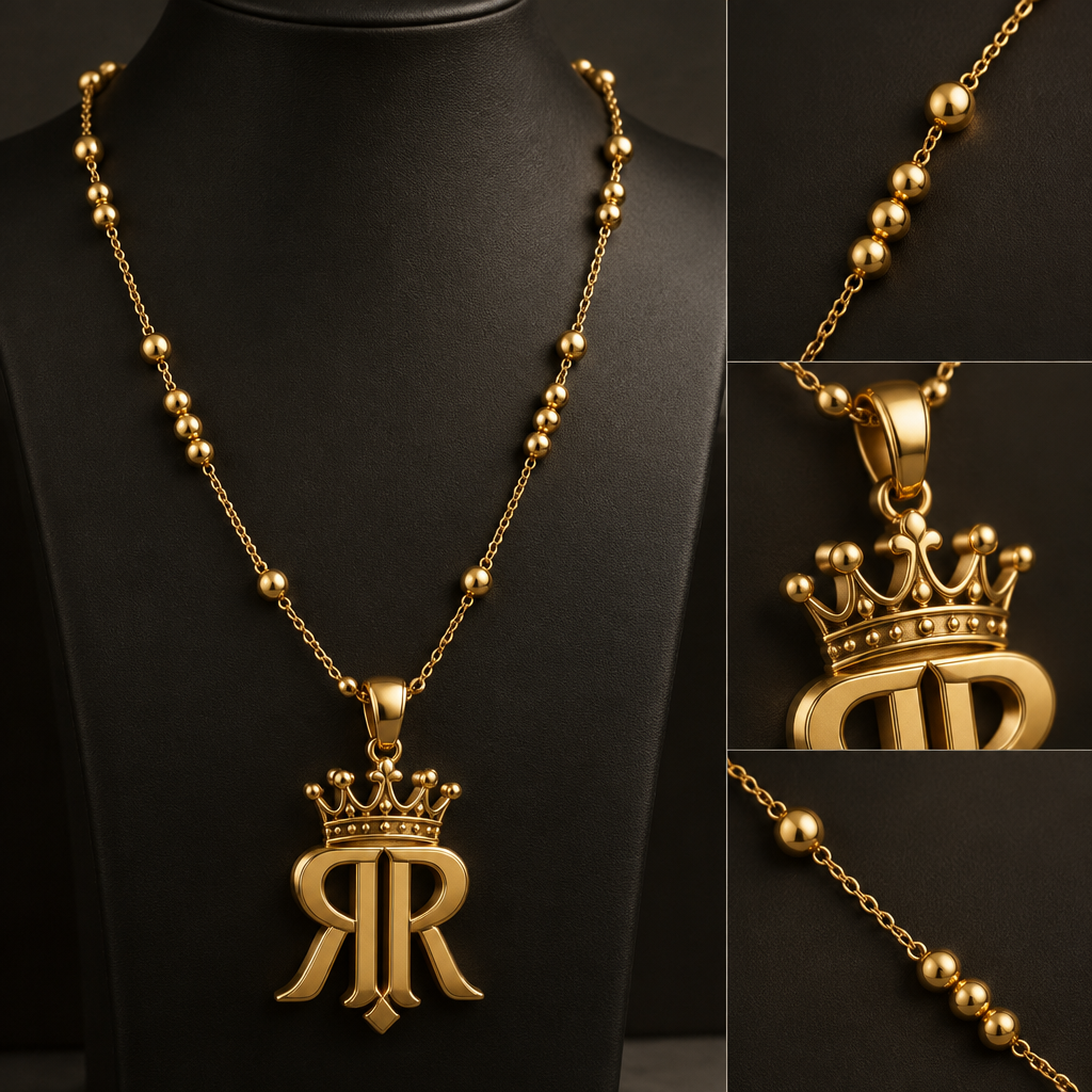 A modern men's ring made of gold. I would like a rosary-style chain, but a unique one. I want the pendant to feature two 3D letters joined together as a single unit—appearing like twins sharing the same body—positioned beneath a 3D royal crown. Regarding the chain design, I want the pattern to go: one bead, then three beads, then a section of chain, then one bead, then a section of chain, then three beads.
photorealistic jewelry design, A modern men's ring made of gold. I would like a rosary-style chain, but a unique one. I want the pendant to feature two 3D letters joined together as a single unit—appearing like twins sharing the same body—positioned beneath a 3D royal crown. Regarding the chain design, I want the pattern to go: one bead, then three beads, then a section of chain, then one bead, then a section of chain, then three beads., modern style, just the design no text