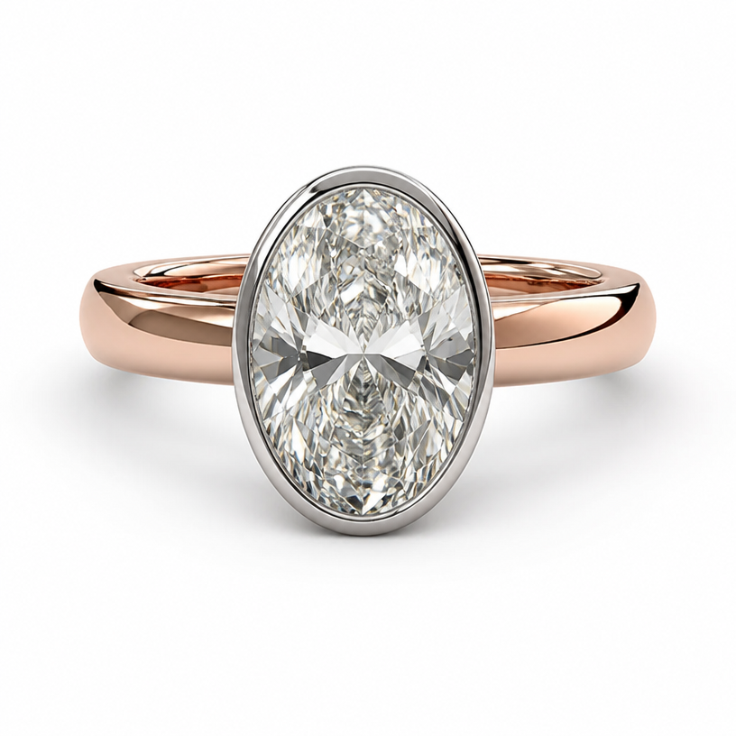 A women's ring. with a 10 ct oval
platinum bezel
rose gold band
using the attached image as a visual reference, create A women's ring. with a 10 ct oval
platinum bezel
rose gold band. photorealistic, just the design no text