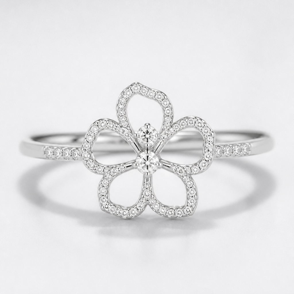 A women's ring made of silver with diamond stones. hibicus ligne fine, (diamand poutours des petales vide, toutes les petales) et delicat ,3 tres petit diamand dans le milieu au bout de la tige legerement courbé, interieur de la fleur vide, plus detail, 5 petales chaine de chaque coté, tige qui ne depasse la fleur, minimaliste mince féminin, avec anneau pas de chaine
photorealistic jewelry design, A women's ring made of silver with diamond stones. hibicus ligne fine, (diamand poutours des petales vide, toutes les petales) et delicat ,3 tres petit diamand dans le milieu au bout de la tige legerement courbé, interieur de la fleur vide, plus detail, 5 petales chaine de chaque coté, tige qui ne depasse la fleur, minimaliste mince féminin, avec anneau pas de chaine, modern style, just the design no text