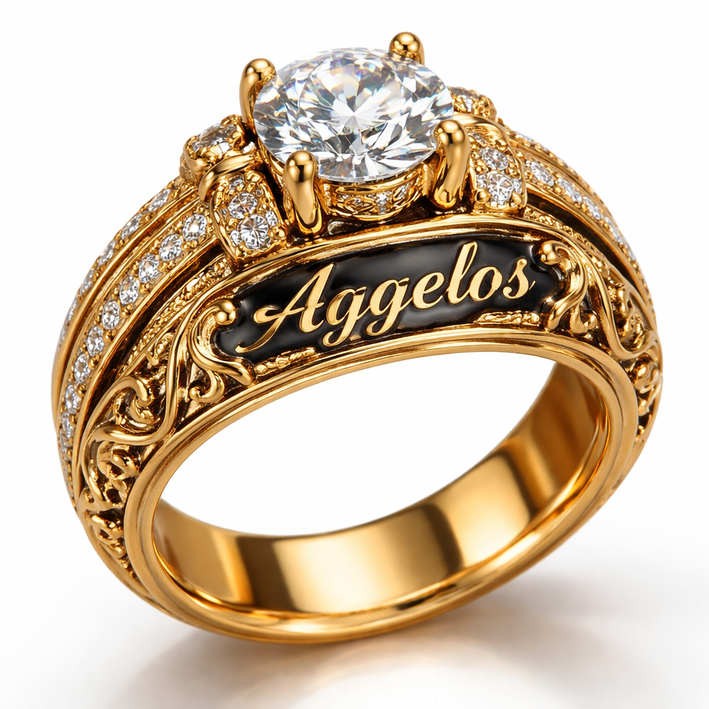 Design me a ring thats golden and has a diamond also engrave the name Aggelos