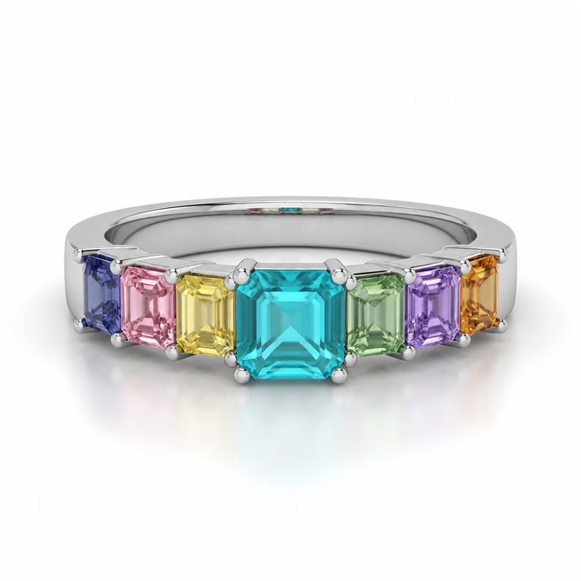 A minimalist women's ring made of white gold suitable for wedding. different 6 colour gemstones with radiant cut (10x10mm) paraiba in middle. need to be men ring so slightly thicker widths
using the attached image as a visual reference, create A minimalist women's ring made of white gold suitable for wedding. different 6 colour gemstones with radiant cut (10x10mm) paraiba in middle. need to be men ring so slightly thicker widths. photorealistic, just the design no text