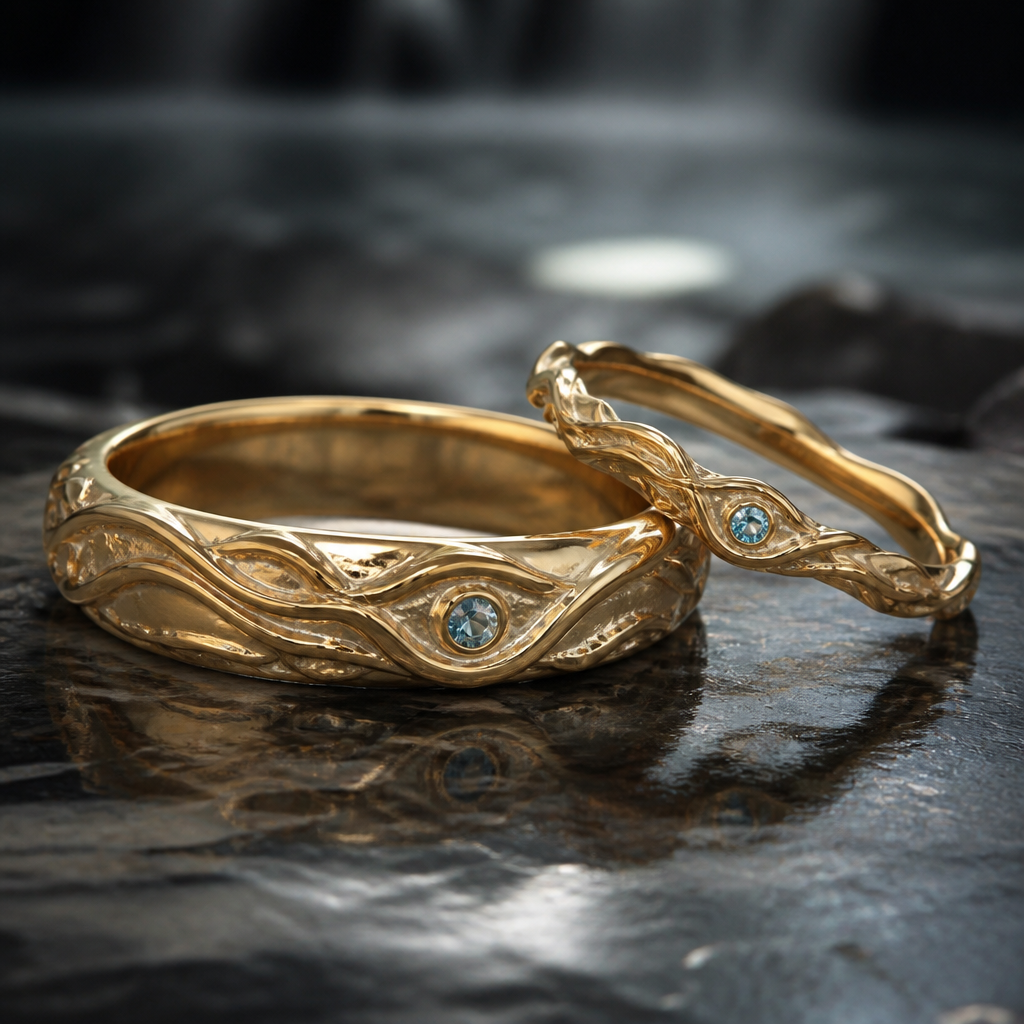 A romantic men's ring made of gold. обручальные кольца золотые(светлые)мужское пошире,женское потоньше,в целом кольца толкие (не широкие),но что бы можно было уместить гравировку.
не ровное,фактурное, не стандартной формы ,фактура сделанная под ветви деревьев,при этом текущее как вода,река, в эльфийском,вампирском стиле,без переусердствования,небольшой камушек голубого или голубо-зеленого цвета.должно быть необычное,но практичное как для пары вампира и русалки
photorealistic jewelry design, A romantic men's ring made of gold. обручальные кольца золотые(светлые)мужское пошире,женское потоньше,в целом кольца толкие (не широкие),но что бы можно было уместить гравировку.
не ровное,фактурное, не стандартной формы ,фактура сделанная под ветви деревьев,при этом текущее как вода,река, в эльфийском,вампирском стиле,без переусердствования,небольшой камушек голубого или голубо-зеленого цвета.должно быть необычное,но практичное как для пары вампира и русалки, romantic style, just the design no text