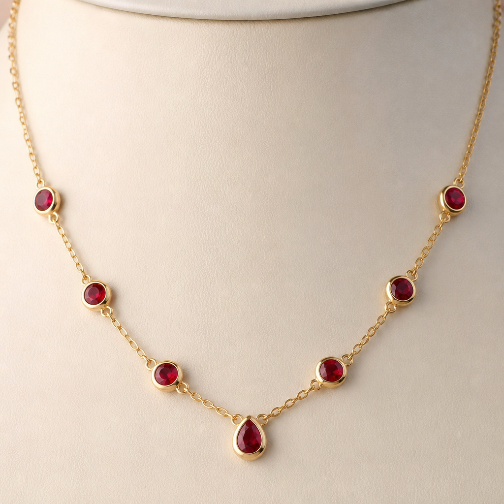 A women's necklace made of gold with ruby stones suitable for daily wear. Innamorata Kwintas ni Alejandra replica
photorealistic jewelry design, A women's necklace made of gold with ruby stones suitable for daily wear. Innamorata Kwintas ni Alejandra replica, modern style, just the design no text