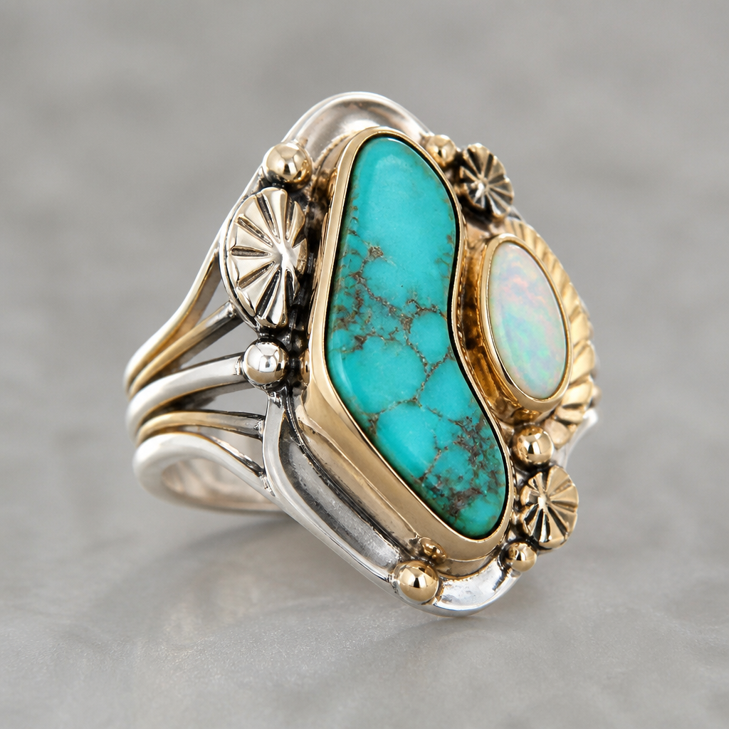 A modern women's ring made of mixed metal with turquoise and opal stones suitable for festival. A modern women ring with little ornaments of modern motifs.
photorealistic jewelry design, A modern women's ring made of mixed metal with turquoise and opal stones suitable for festival. A modern women ring with little ornaments of modern motifs., modern style, just the design no text
