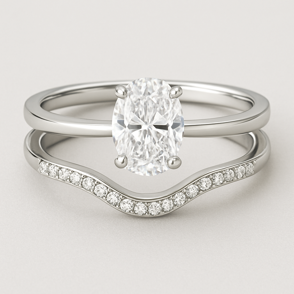 Platinum Solitaire ring
1.50ct Oval diamond
Two curved wedding bands
25 x 0.005ct small round diamonds in each band