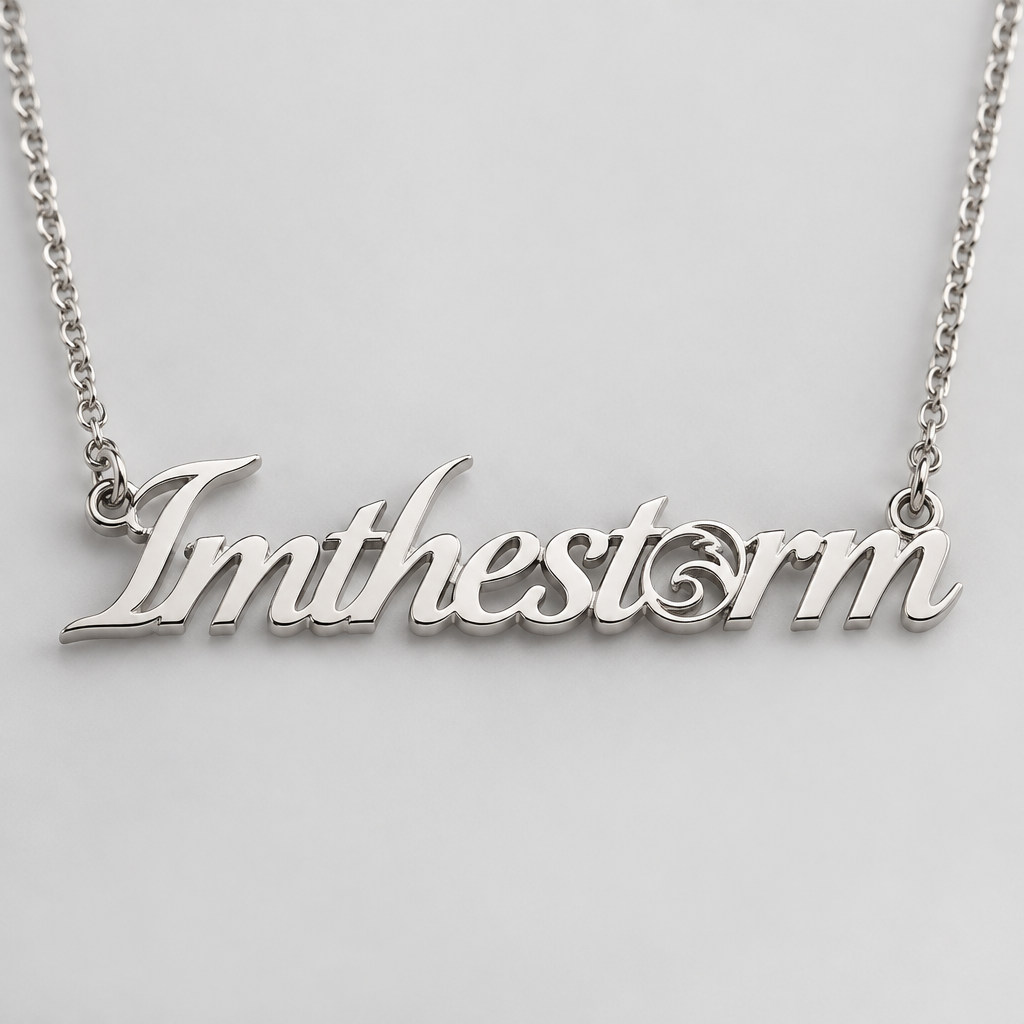 Imthestorm cut out name necklace, semi italic silver color, inside the o, wiggles to rep a storm
photorealistic jewelry design, Imthestorm cut out name necklace, semi italic silver color, inside the o, wiggles to rep a storm, just the design no text