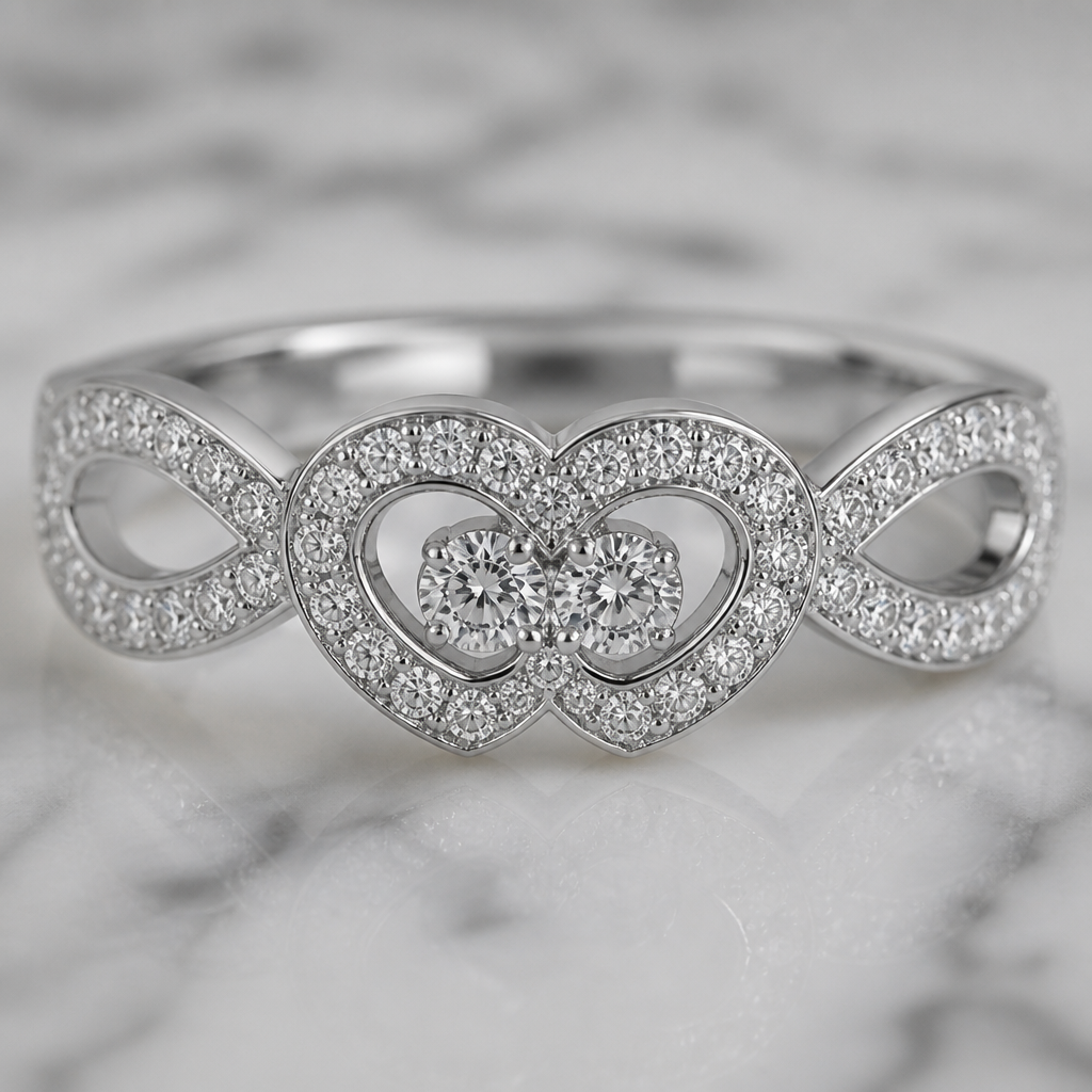 A women's ring. one of a kind custom infinite love wedding rings where two hearts meet in the center of infinite love shrouded In an array of diamonds
photorealistic jewelry design, A women's ring. one of a kind custom infinite love wedding rings where two hearts meet in the center of infinite love shrouded In an array of diamonds, modern style, just the design no text