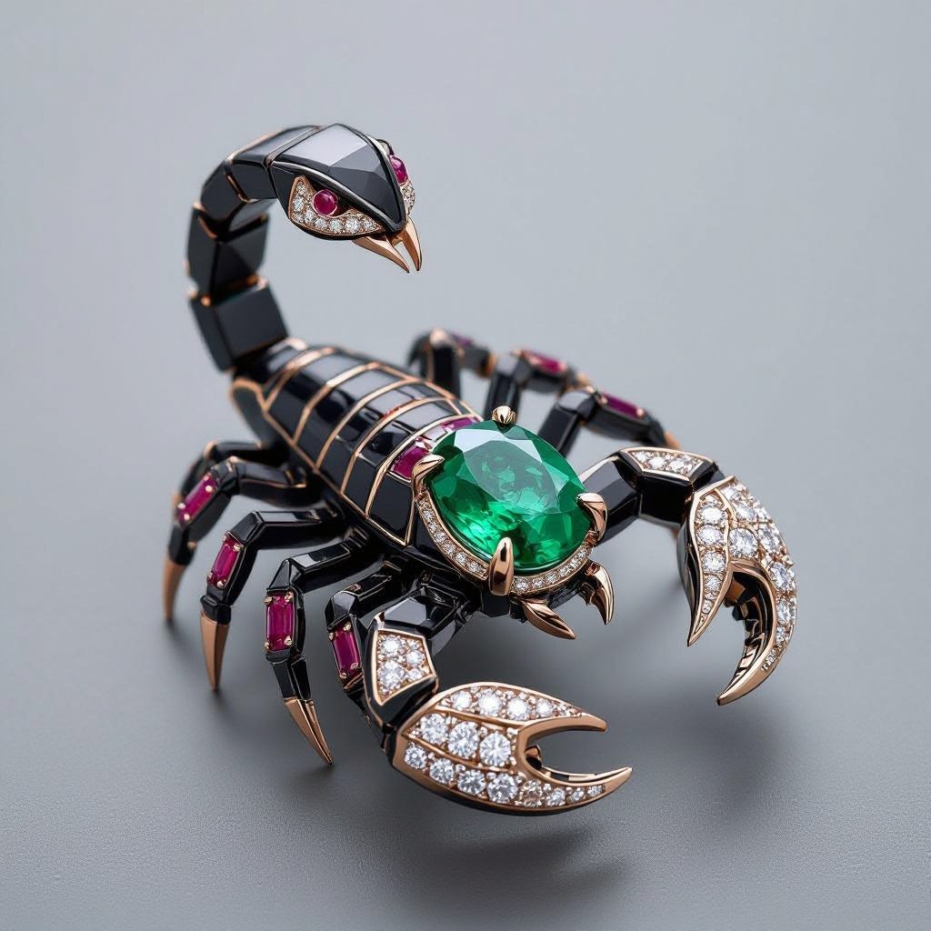 Ring and pendant of Creating completed set of Geomatric scorpion pendant of white and bkack and rubies diamonds gold accents for contrast. Incorporate a single, oval-cut gemstone-perhaps a striking emerald-set at an unconventional angle, creating a bold focal point that exudes contemporary elegance and sophistication. Envision a striking geometric scorpion pendant, intricately crafted with sharp angles in a combination of matte black and lustrous white metals. Accentuated with glittering ruby diamonds, the design features a single oval-cut emerald, expertly set at a daring tilt. This captivating piece marries edgy modernity with timeless elegance, perfect for bold fashion statements.The diamond is elegantly set in a sleek, minimalist rose gold frame that accentuates its brilliance. The modern aesthetic is enhanced with clean lines and asymmetry, making it a striking statement piece for the avant-garde wearer.